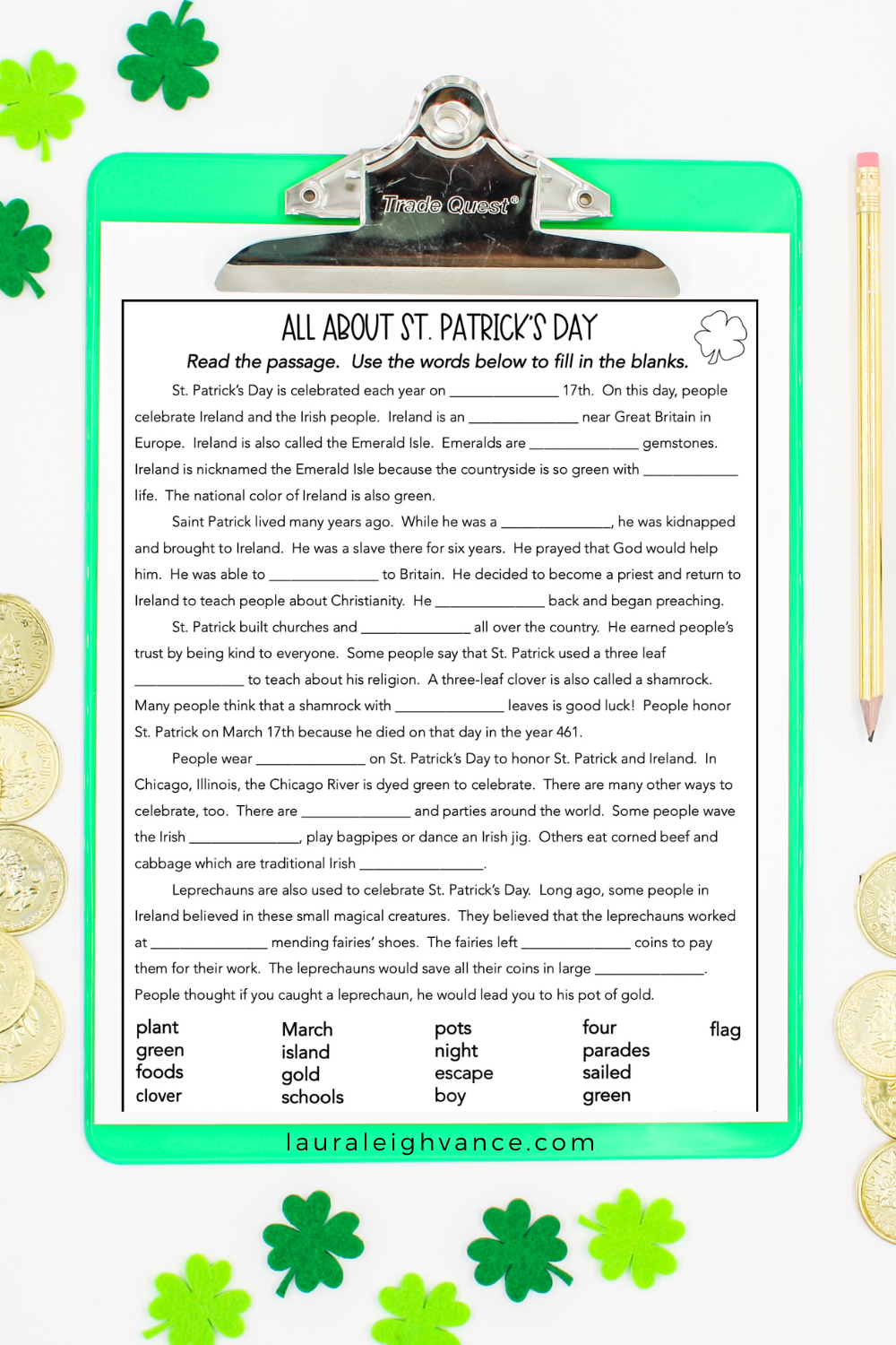 St. Patrick's Day cloze reading paragraph with word bank