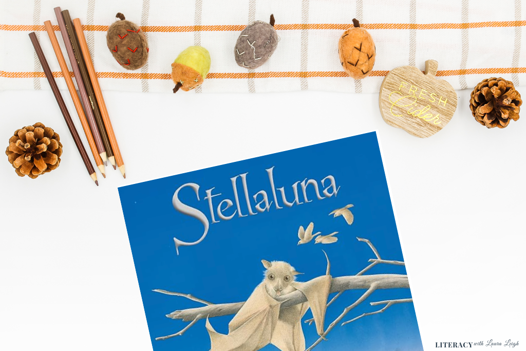 Stellaluna book with colored pencils and homeschool activity materials for first grade