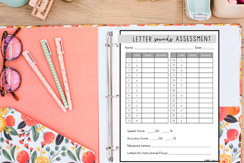 Free printable letter and sound assessment for homeschool reading—check accuracy and speed of letter name and sound recognition.
