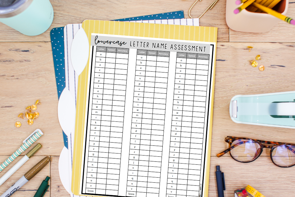File folders and letter name assessment checklist used to track which letters a homeschool child can identify.