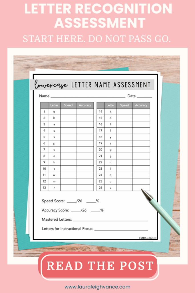 Letter Recognition Assessment blog post link which describes how to use the Free printable letter sound assessment for homeschool reading.