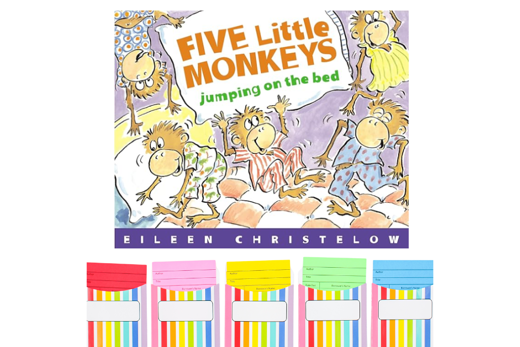 Five Little Monkeys book cover – engaging rhyming book with repetition and movement for kindergarten homeschoolers.