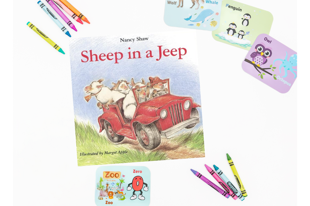 Sheep in a Jeep book cover – a silly rhyming book for kindergarten homeschool focused on short e vowel sounds and repetition.