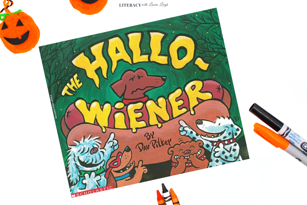 The Hallo-Wiener book cover – a funny Halloween read aloud for 2nd grade featuring a dachshund in a hot dog costume.